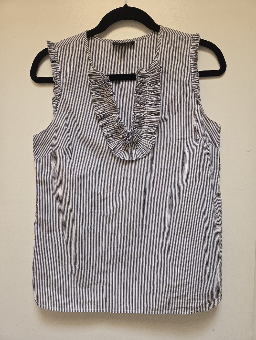 J Crew Sleeveless Ruffled V-Neck Striped Top - Blue/White Size 2
